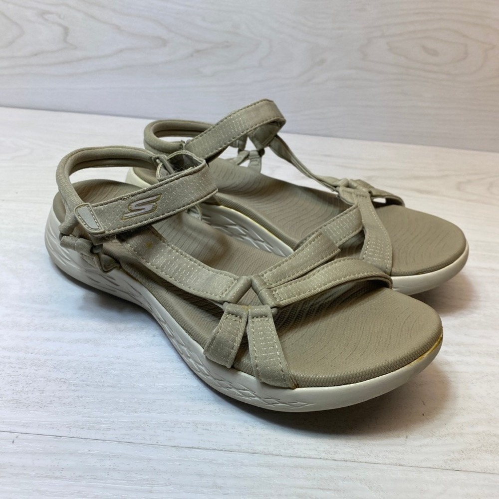 Skechers Womens 9 Goga Max Sandals Sporty Strappy Tan Textile Walking 15316
